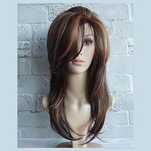 Long Layered Synthetic Wigs for Women Brown with Camel Highlight